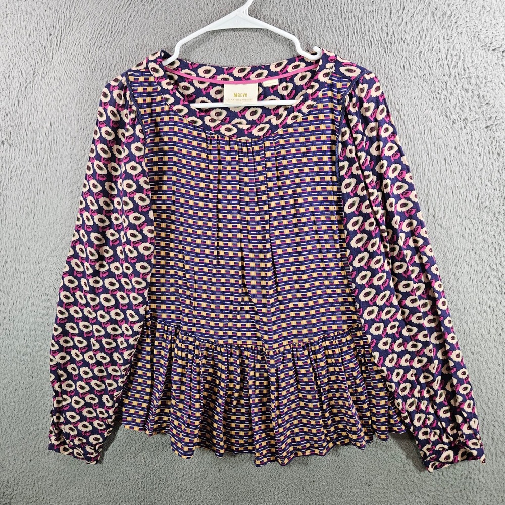 Maeve Anthropologie Mixed Print Peplum Blouse Purple Floral Geometric Womens M